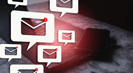 New email notification hologram with copy space. Business e-mail communication and digital...