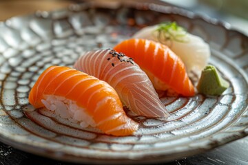 A trio of sushi delicacies, featuring vibrant salmon and subtle-flavored white fish, artfully presented on an ornate ceramic plate, accompanied by wasabi.