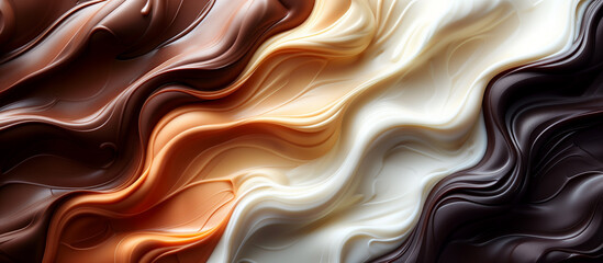 Melted smooth liquid caramel, white, milk and black chocolate, nut butter texture abstract background. Sweet food. Smooth waves.
- 793799538