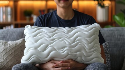 Closeup of a man with an orthopedic memory foam pillow indoors - obrazy, fototapety, plakaty