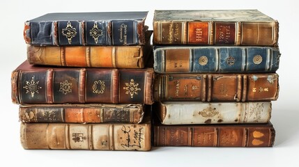 An old stack of hardcover books isolated on white