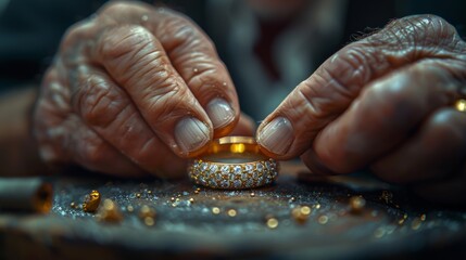 A jeweler works with a ring in closeup