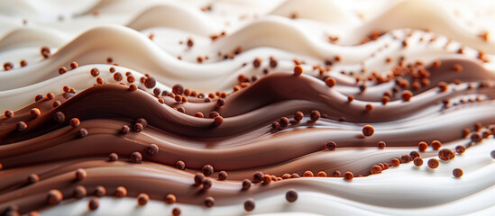 Melted smooth liquid white and black chocolate, nut butter texture abstract background. Sweet food. Smooth waves. Chocolate drops.	
