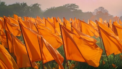 thousands of Hindu flags with beautiful view
