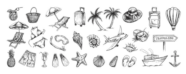Hand-drawn sketch set of travel icons. Sea Tourism and adventure icons. Сlipart with travelling elements, transport, palm, seashells, luggage, beach, diving equipment.