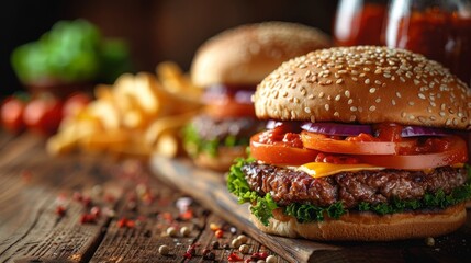 On wooden table, fast food such as french fries, burgers, and other items are arranged.