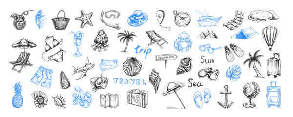 Fototapeta na wymiar Hand-drawn sketch set of travel icons. Tourism and camping adventure icons. Сlipart with travelling elements, bags, transport, map, palm, seashells, bikini.