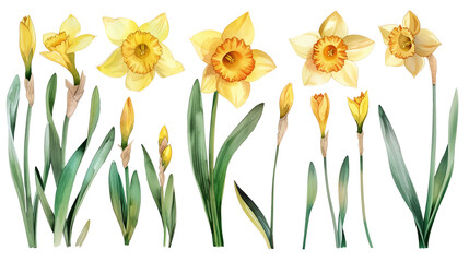 Set of daffodil flowers watercolor clipart isolated on white or transparent background png cutout clipping path