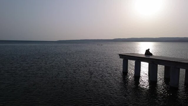 Drone aerial shot, sea, Ayame bridge, Sunset