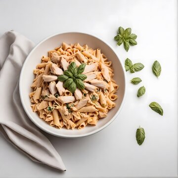 A white ceramic bowl of pasta with green leaves on a white background.