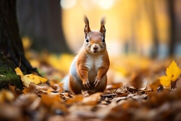 curious squirrel, gathering nuts, in a bustling city park in autumn, mood of adaptability and resourcefulness, natural light photography style, avoid showing litter or other pollution - obrazy, fototapety, plakaty