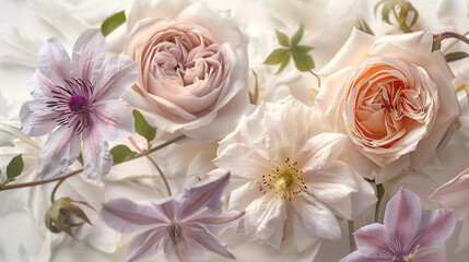 Garden terry roses and clematis on a light background. Congratulations with roses and clematis for Mother's Day. - obrazy, fototapety, plakaty