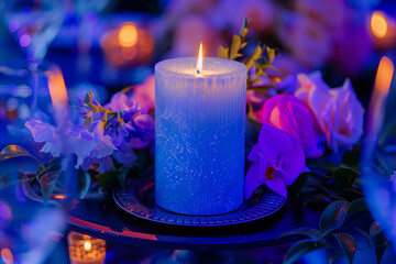Blue candle with roses generated.Ai - obrazy, fototapety, plakaty