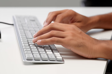 Hands writing on computer keyboard with white background. Topics related to the business world. Computer related topics. Image for graphic designer. Telework. Coworking. Hands and computer. Computer w