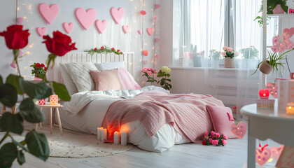 Interior of light bedroom decorated for Valentine's Day with roses, hearts and tables