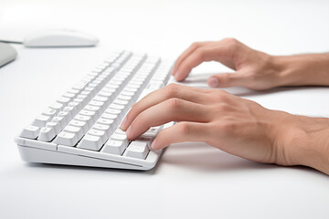 Hands writing on computer keyboard with white background. Topics related to the business world. Computer related topics. Image for graphic designer. Telework. Coworking. Hands and computer. Computer w