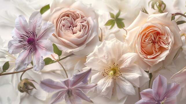 Garden terry roses and clematis on a light background. Congratulations with roses and clematis for Mother's Day.