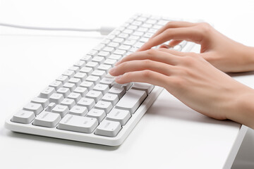 Hands writing on computer keyboard with white background. Topics related to the business world. Computer related topics. Image for graphic designer. Telework. Coworking. Hands and computer. Computer w