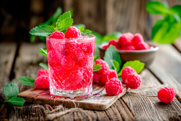 Raspberry juice with fresh raspberries and mint on wooden background
