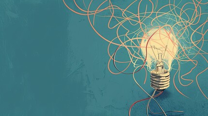 A conceptual illustration of solving complex problems by simplifying them, depicted as a light bulb entwined in knotted wires being untangled