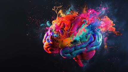 A creative depiction of an artistic brain exploding with colorful paints and splashes, representing a burst of ideas on a black background - obrazy, fototapety, plakaty
