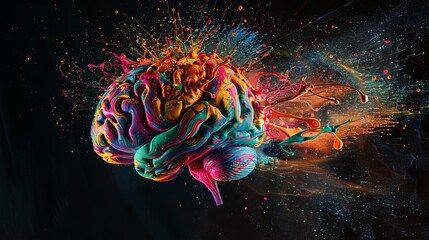 A creative depiction of an artistic brain exploding with colorful paints and splashes, representing a burst of ideas on a black background