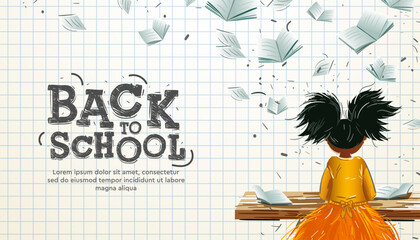 Back to school web banner with school girl with afro puff hair in classroom at lesson, flying books surround, checkered background, vector illustration