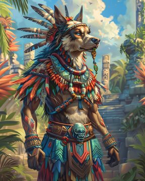 Illustration an anthropomorphic Warrior Dog adorned in vibrant Aztec