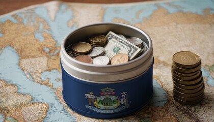 A jar with money featuring the Maine flag rests on a map. Saving money for vacation, leisure. Financial planning, travel savings, holiday fund