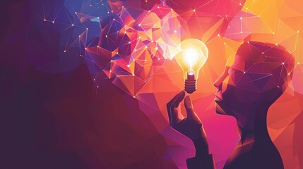 An abstract vector illustration of a creative mind concept, featuring a human head silhouette and a hand holding a bulb lamp amidst geometric shapes - obrazy, fototapety, plakaty
