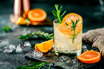 Refreshing summer cocktail with orange, rosemary and ice on black background