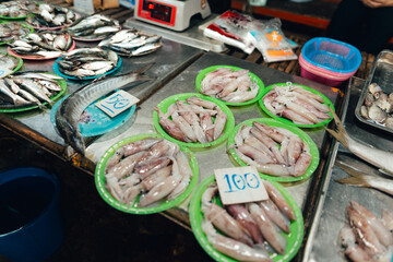 Fresh squid in the market,Fresh seafood for sale in local markets near the sea.
