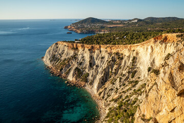Aerial view of Cala Es Vedra viewpoint in the west coast of Ibiza, Sant Josep de Sa Talaia,...