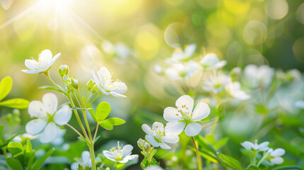 Fototapeta na wymiar Closeup of mini white flower under sunlight with copy space
