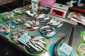 Fresh fish in the market,Fresh seafood for sale in local markets near the sea.
