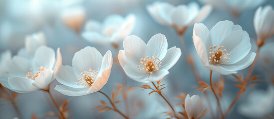 White flower blossom meadow, garden. Summer flower banner, background, wallpaper. Springtime nature theme. Blue and white neutral colors.
- 793801588