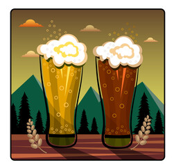 Two glass glasses with beer, light and dark beer. A vector image. Decorative illustration.