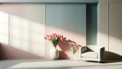 Elegant minimalist room with soft pastel walls, a white armchair, and vases of pink tulips, perfect for interior design inspiration and modern decor.