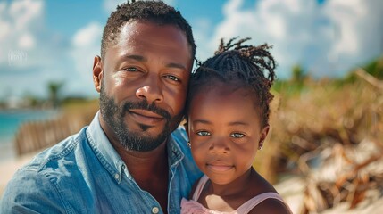 The concept of family and relationship between father and daughter. Little Afro-American girl and her dad are walking on a sunny day, posing, looking at the camera