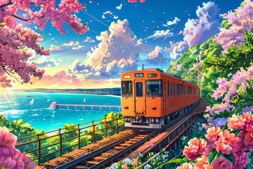 Un tren naranja circula por las vías con flores al fondo