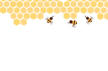 Beehive honey sign with hexagon grid cells and bee cartoon on white background vector.
