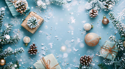 Antecedentes de marketing navideño y navideño, con temas invernales y de árboles navideños, adornos y regalos navideños, vibraciones nevadas.