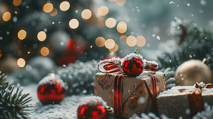 Antecedentes de marketing navideño y navideño, con temas invernales y de árboles navideños, adornos y regalos navideños, vibraciones nevadas.