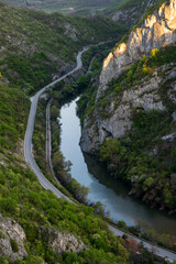 Sicevo Gorge (Sicevacka klisura) in Serbia. Mountains and river on early spring sunny day. The gorge in the middle of mountains.
