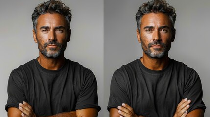 This mockup shows a photo collage of a man wearing a black t-shirt on a white background, from both the back and the front. - Powered by Adobe