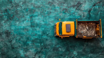 small garbage truck and a lot of garbage on a green background