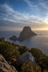 Es Vedra and Es Vendrell islets view Torres des Savinar tower at sunset, Sant Josep de Sa Talaia, Ibiza, Balearic Islands, Spain