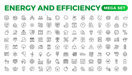 Set of Energy & Ecology line icons set. outline with editable stroke collection. Includes Eco Home, Nuclear Energy, Power Plant, Solar Energy.Simple set about energy efficiency and saving.