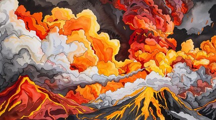 Volcanic Eruption, Fiery oranges, reds, and yellows with dark greys and blacks for smoke and ash - obrazy, fototapety, plakaty