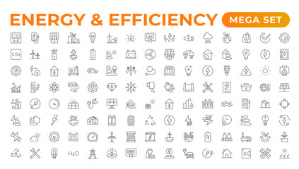 Set of Energy & Ecology line icons set. outline with editable stroke collection. Includes Eco Home, Nuclear Energy, Power Plant, Solar Energy.Simple set about energy efficiency and saving.